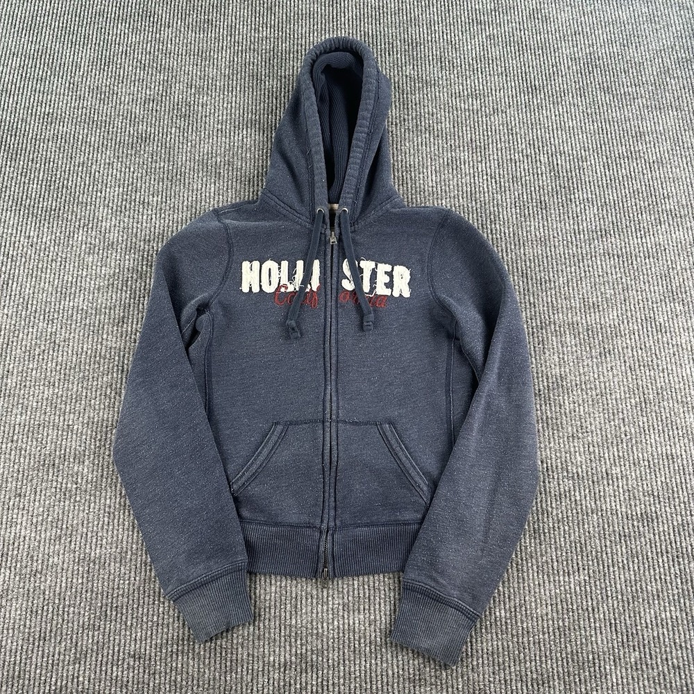 Vintage Hollister Hoodie Womens Medium Blue Spell Out Logo Zip Up Jacket